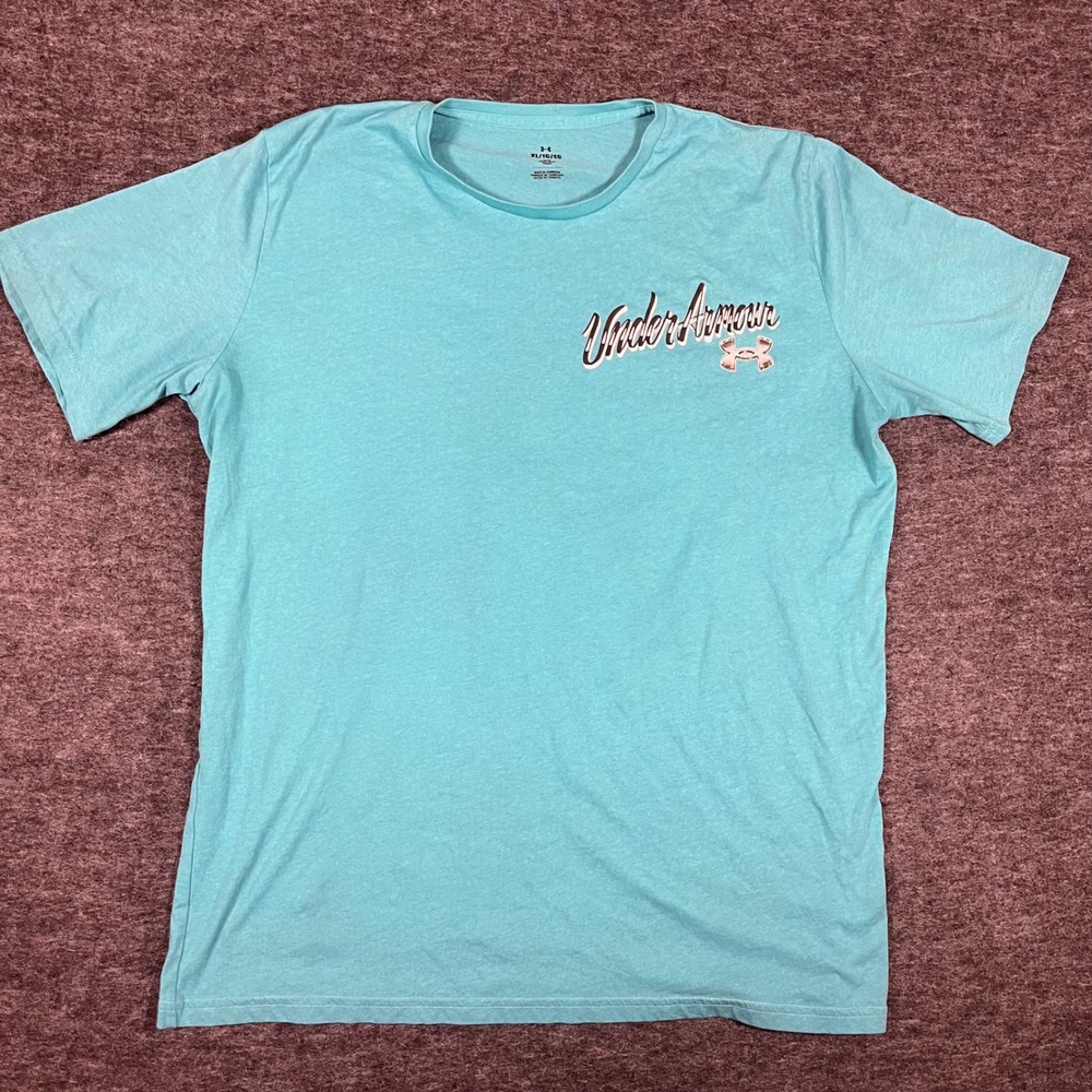 Under Armour Mens XL Turquoise Blue Graphic Basketball Palm Tree T-Shirt‎ Loose